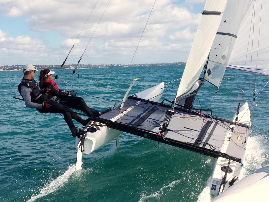 Taylor Burn and Vicky Francis 2014 Nacra 17 Nationals, Murray’s Bay SC © Rob Burn